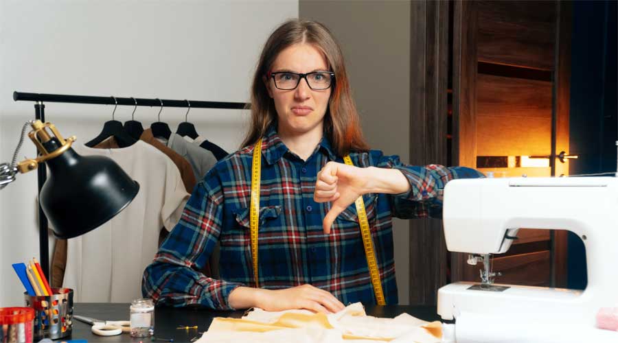 Woman giving thumbs down to sewing project